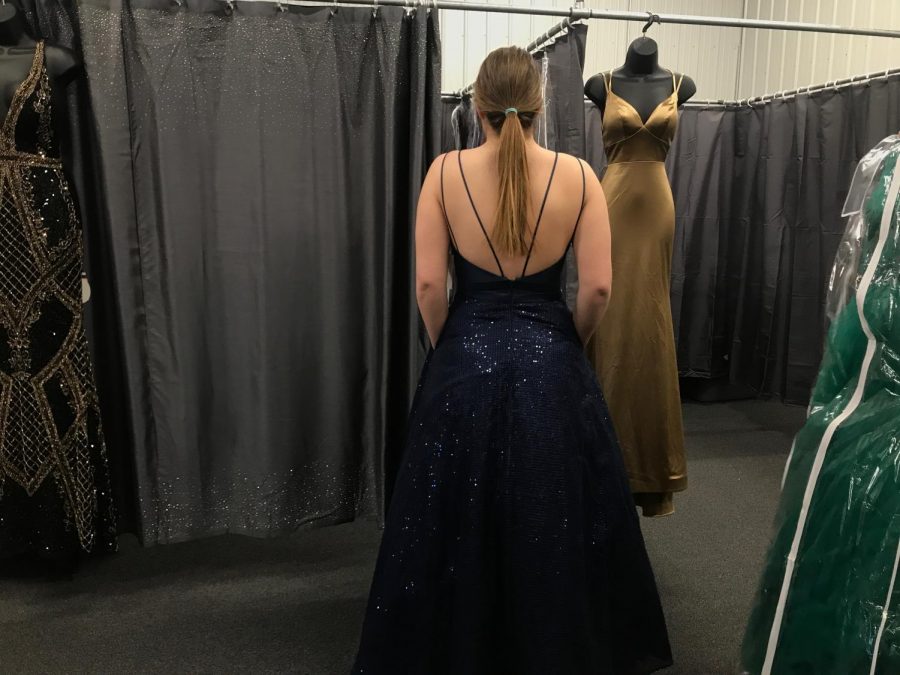 The open back of the same navy blue dress with two straps on each shoulder. This dress can be found at TeraLees Formals in Osceola, Indiana.