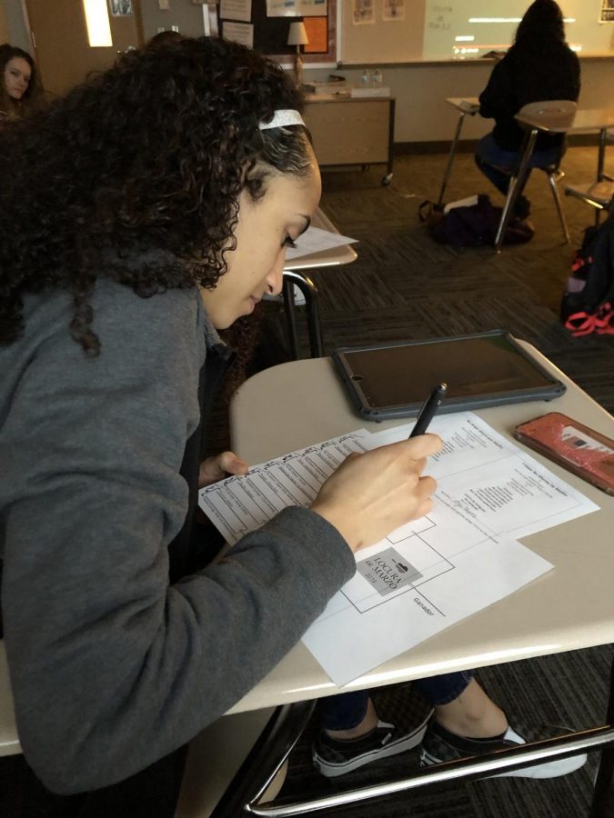 Junior Mya Reeves begins filling out her bracket for the start of “Locura de Marzo,” where she picks her favorite songs on Friday, Feb. 11. “Locura de Marzo” is a competition much like our NCAA March Madness, but instead of college basketball teams, it is Hispanic music placed up against each other.