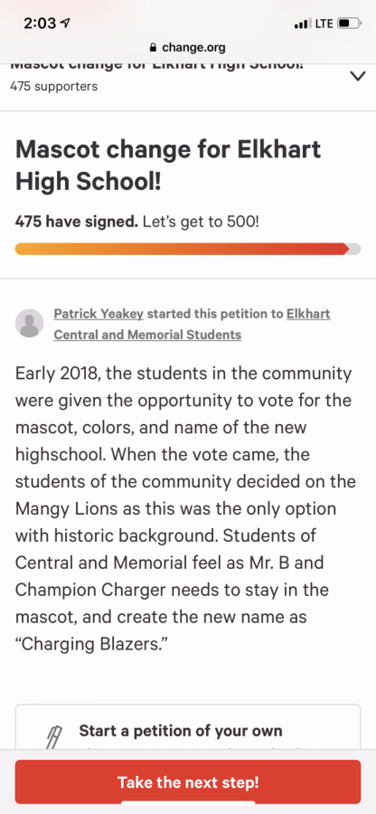 The changed petition, edited by Elkhart Central senior Patrick Yeakey, screenshotted on Friday, Feb. 15. The petition for the mascot was edited while keeping the existing signatures.