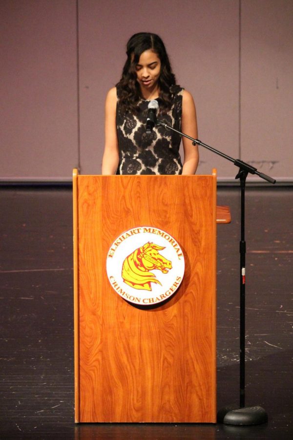 Junior Kamryn Bloch presents her speech on Thursday, Feb. 28. Bloch is also a member of Sigma Beta Upsilon (SBU). This was her second time competing in the Oratory Contest.