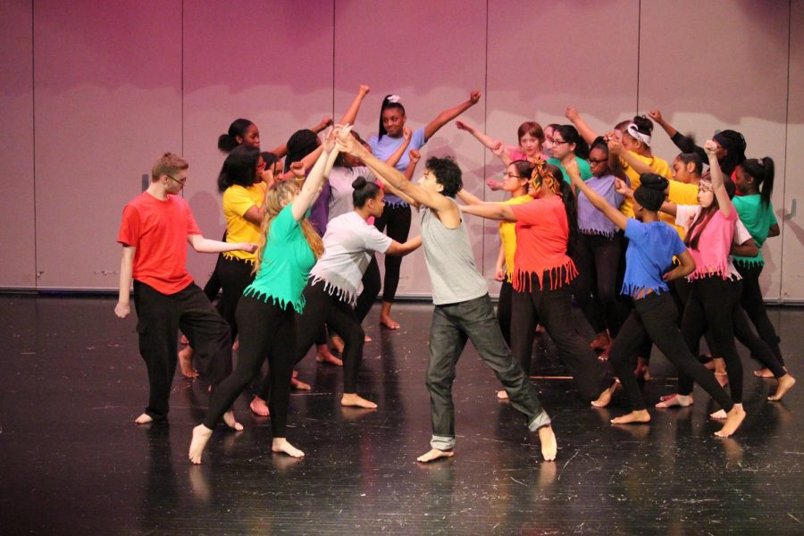 The EMHS Dance and Movement class performs to the song “What’s Going On?” near the end of the Oratory Contest on Thursday Feb. 28. The choreography was directed by Janie Boyden and Jackiejo Brewers. 