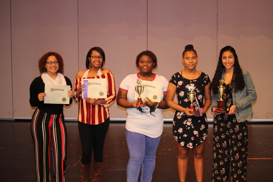 (From left to right) Seniors Tomoria Jones and Zari Williams; Juniors Shamaya Bell, La’Tasha Prestly, and Jahlea Douglas (Not Pictured: Kamryn Bloch) show off the results of their hard work and dedication to this year’s 23rd Annual Oratory Competition on Thursday Feb. 28. This competition is held every year in recognition of Black History Month.