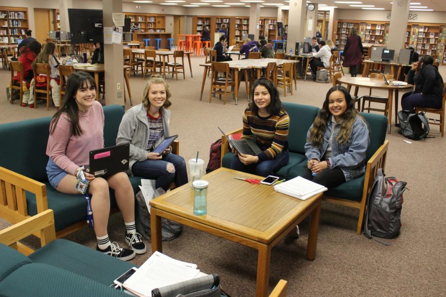 Juniors Molly Wruble, Cassidy Ward, Andrea Puga, and Marry Avendano, in the Media Center on Wednesday March 6. It may look like they were doing their work: however, before I came to take their picture, they were talking about boys.