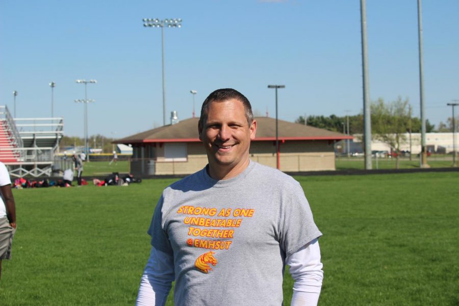 Teacher and Coach Todd Sheely, before the meet begins on Friday April 26th 2019. He is preparing for the big meet against cross city rivals Elkhart Central.