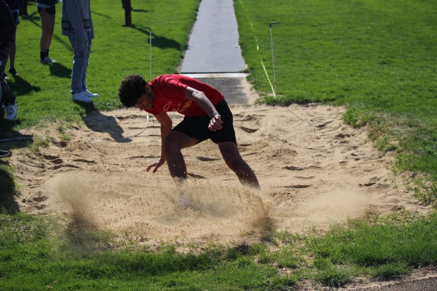 Junior Damian Vargas is also landing his long jump on April 26th, 2019 during the meet against Central.