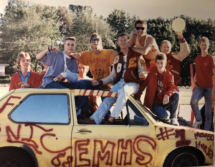 Before the 1984 Mangy game, students gather to caravan to Elkhart Central. Twenty-six cars participated in the event. After attempting to resurrect the caravan tradition for the final Mangy game, a lack of student participation led to the cancellation of the event.
