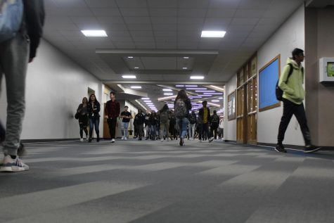 Students walk through the Student Center at Elkhart Memorial during a passing period on Wednesday, Jan. 29. 