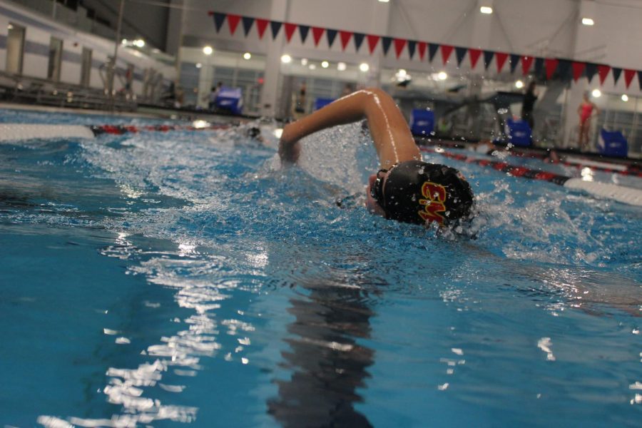 Junior Gabby Scott swims to the end of the pool on Jan. 2 at the Elkhart Aquatic Center. Scott finished this stroke by freestyle. 