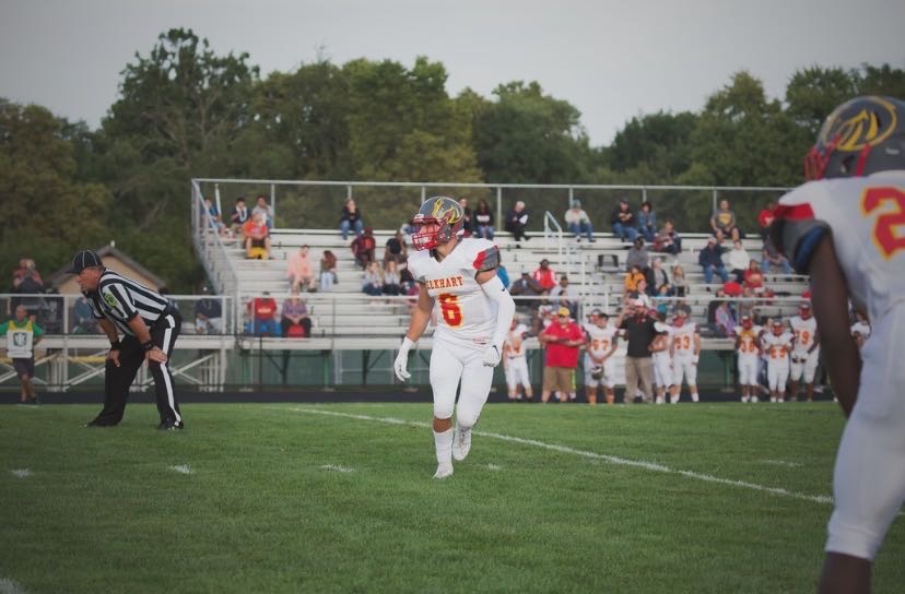 Junior Dylan Rost adjusting to a play on defense during his competition against Concord on Friday August 30, 2019. He played on both sides of the ball this last football season, but played mostly at his safety postion.