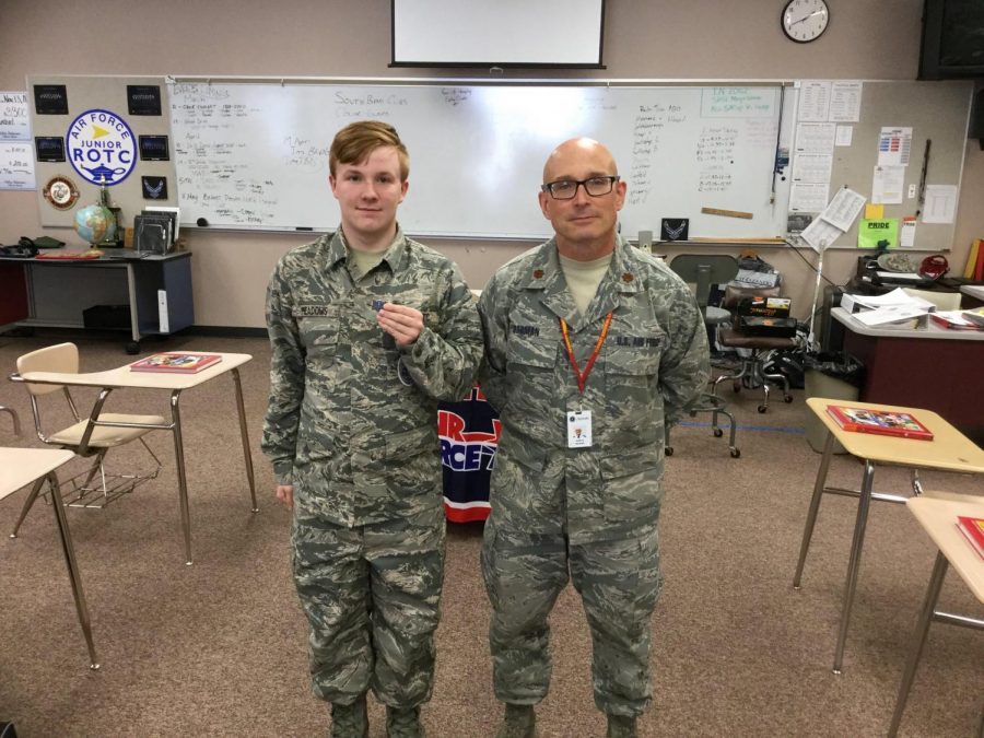 On Monday, April 8, 2019, senior Phillip Meadows (left), received a rank promotion. He is pictured with his major, Jeffrey Dorman. Meadows has been a cadet in the Air Force Junior Reserve Officer Training Corps (AFJROTC) throughout all four years of high school.