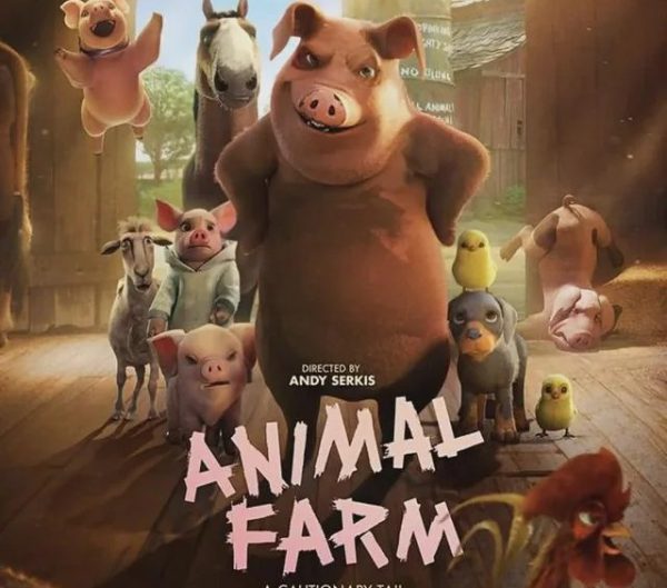 The movie promo poster for Animal Farm features all the animals.